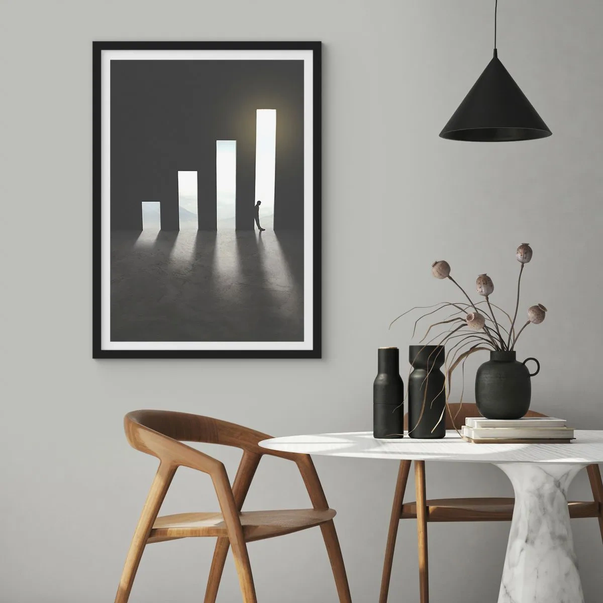 Poster în ramă neagră - ușă simbolică în formă de grafic cu o figură - 50x70cm - Succesul - o impresie - Decorațiune modernă pentru perete pentru living și dormitor ARTTOR