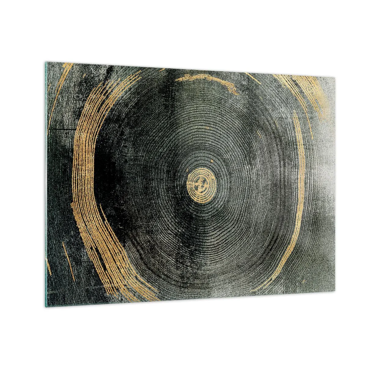 Tablou pe sticlă - Secțiune transversală a unui trunchi de copac cu detalii și accente aurii - 70x50cm - Schimbare și persistență - Decorațiune modernă pentru perete pentru living și dormitor ARTTOR