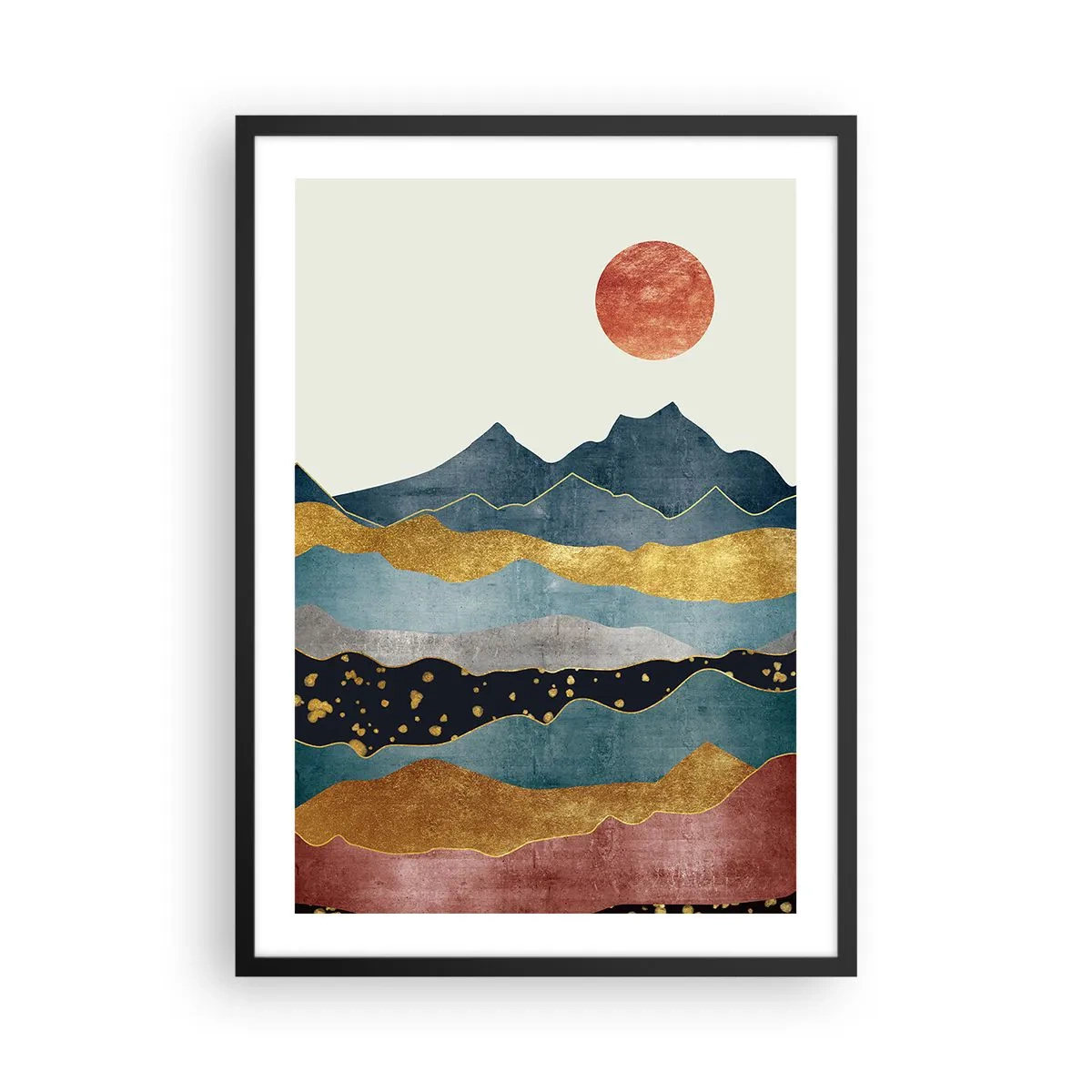 Poster în ramă neagră - Munți abstracți în nuanțe de auriu, albastru și roșu - 50x70cm - Secțiunea transversală a lumii - Decorațiune modernă pentru perete pentru living și dormitor ARTTOR