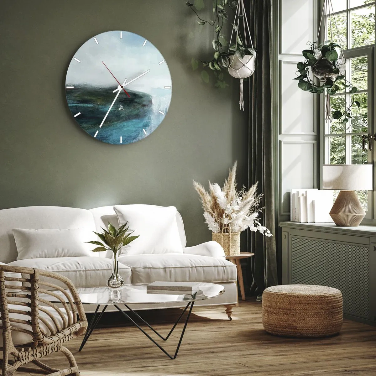 Ceas de perete - Ceas pe sticlă - Un peisaj marin cu o stâncă în tonuri de turcoaz și albastru - 30x30cm - Abstracție maritimă - Decorațiune modernă pentru perete pentru living, bucătărie și dormitor ARTTOR