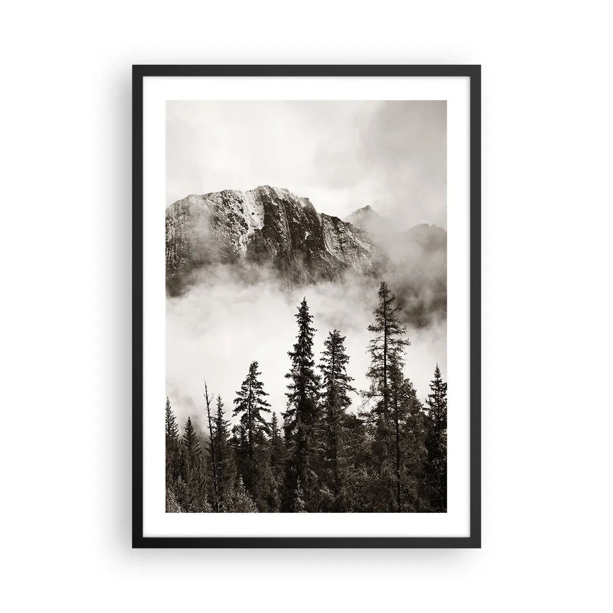 Poster în ramă neagră - Peisaj montan cu copaci și ceață - 50x70cm - Stăpânul de granit - Decorațiune modernă pentru perete pentru living și dormitor ARTTOR