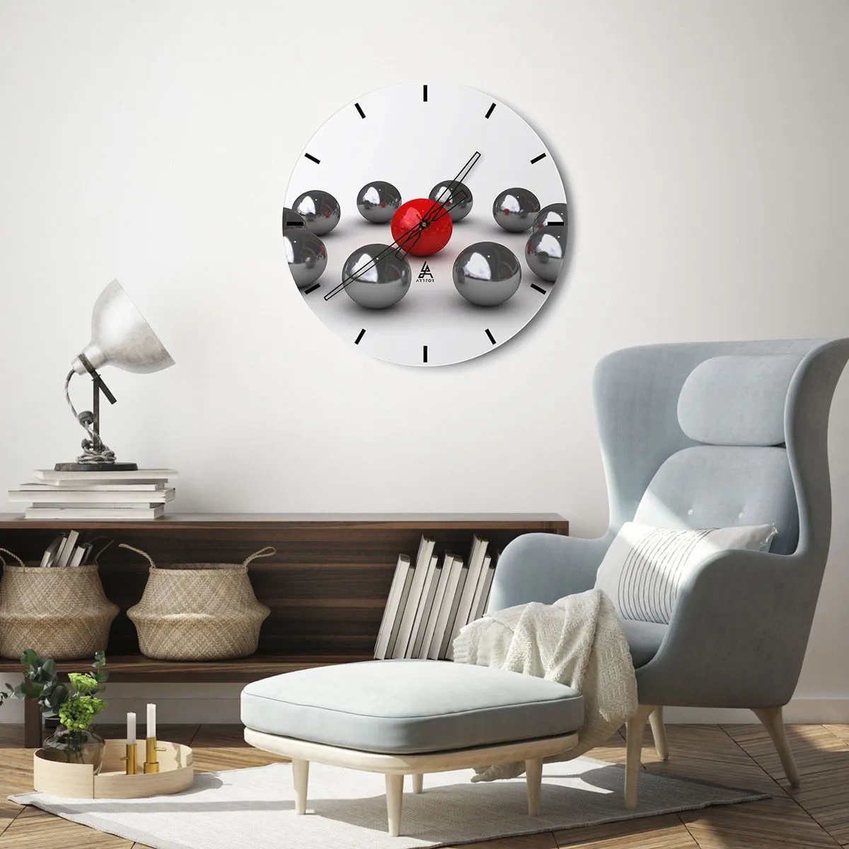 Ceas de perete - Ceas pe sticlă - Bile roșii și argintii pe fundal alb, un model minimalist - 30x30cm - Cerc în argintiu și roșu - Decorațiune modernă pentru perete pentru living, bucătărie și dormitor ARTTOR
