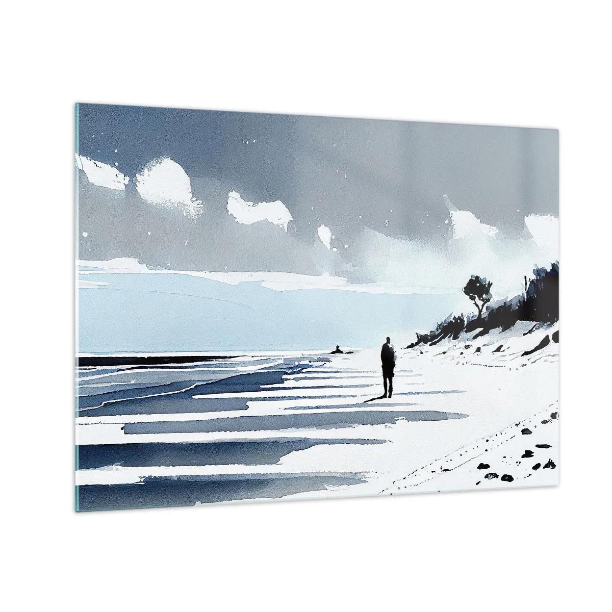 Tablou pe sticlă - Silueta unei persoane singuratice care merge pe o plajă goală - 70x50cm - Singuratic - Decorațiune modernă pentru perete pentru living și dormitor ARTTOR