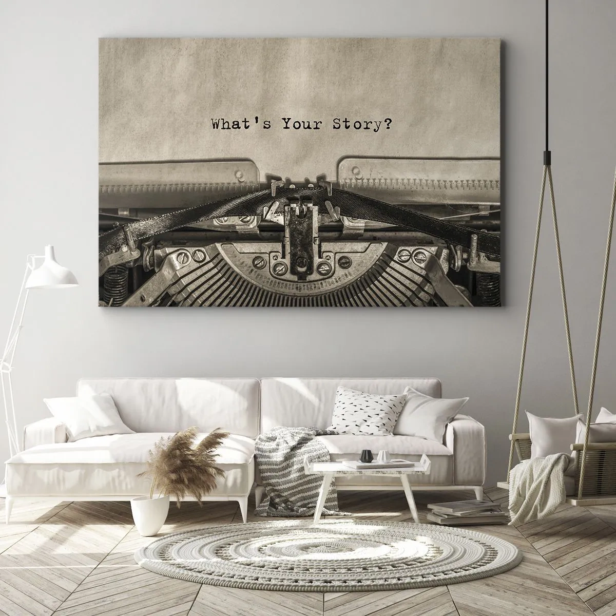 Tablou pe pânză Canvas - O mașină de scris cu cuvintele Care este povestea ta? - 70x50cm - Spune-mi - Decorațiune modernă pentru perete pentru living și dormitor ARTTOR