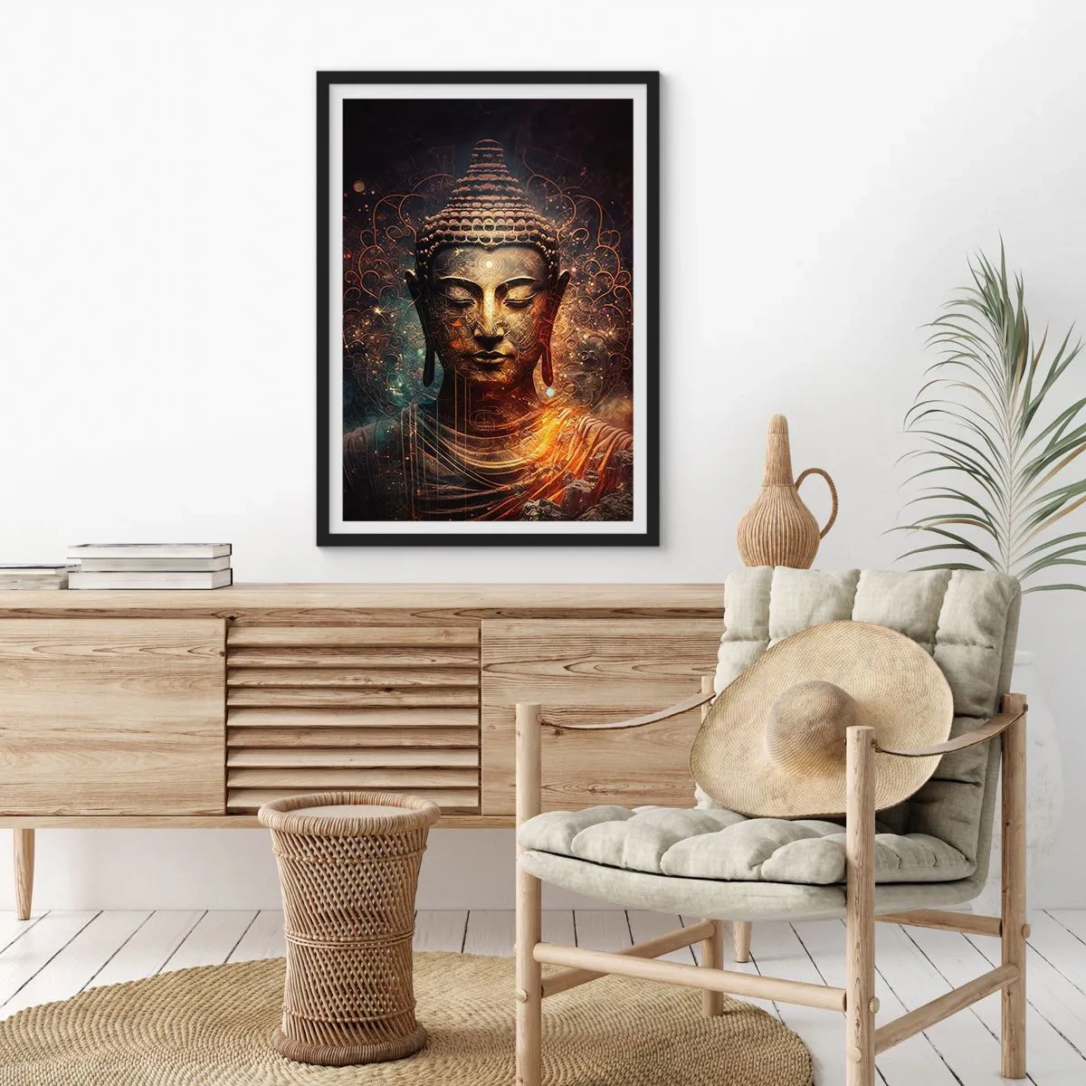 Poster în ramă neagră - Imagine mistică a lui Buddha în nuanțe aurii - 50x70cm - Echilibru spiritual - Decorațiune modernă pentru perete pentru living și dormitor ARTTOR