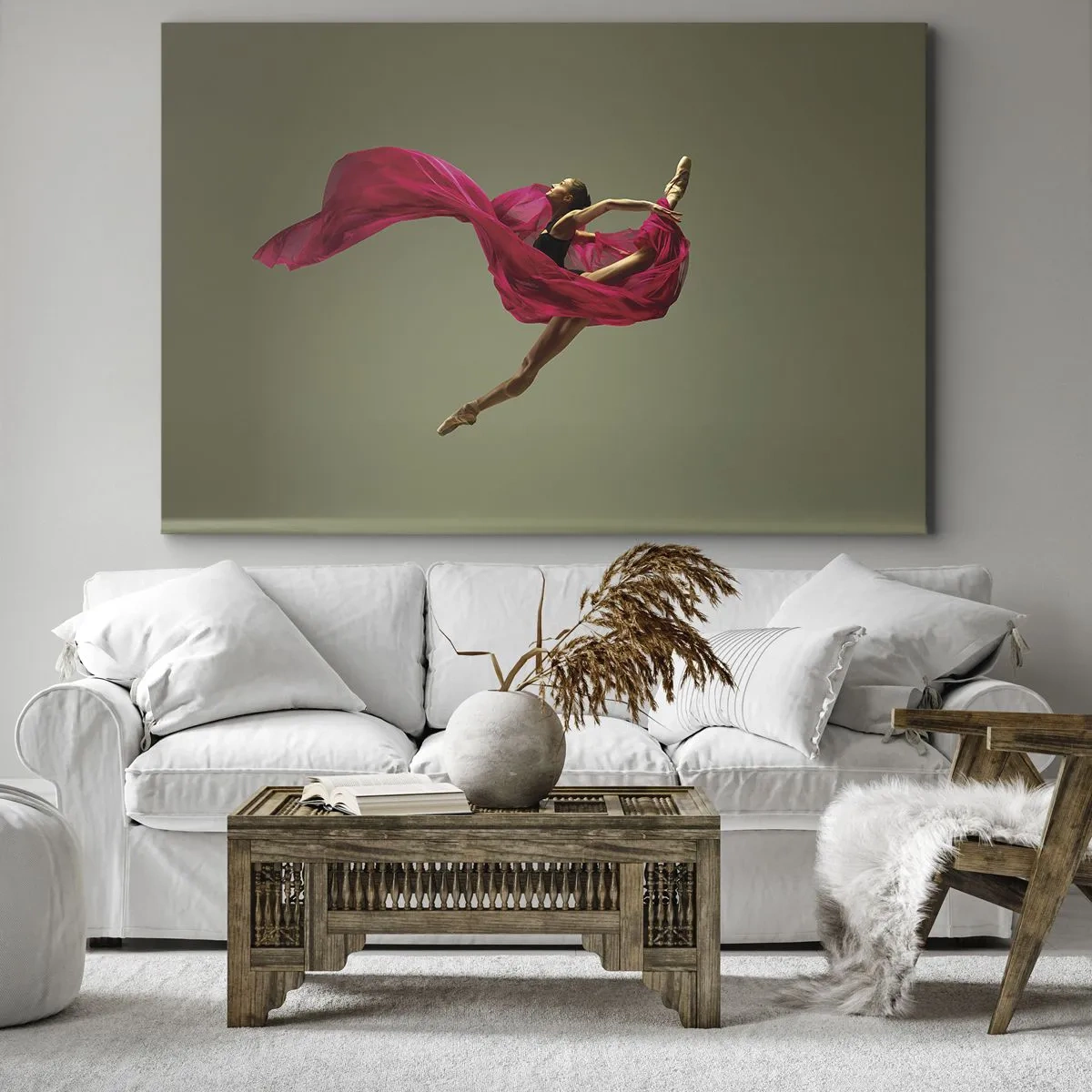 Tablou pe pânză Canvas - Dansator de balet într-o poză dinamică cu material roz - 70x50cm - Flacără dansatoare - Decorațiune modernă pentru perete pentru living și dormitor ARTTOR