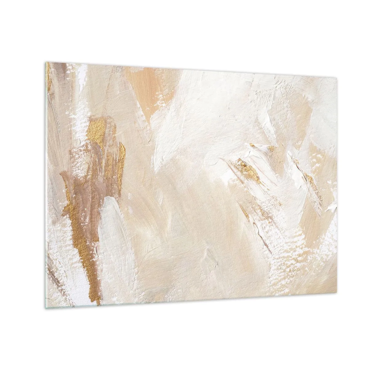 Tablou pe sticlă - Abstracție bej și albă cu accente aurii - 70x50cm - Compoziție pastel - Decorațiune modernă pentru perete pentru living și dormitor ARTTOR