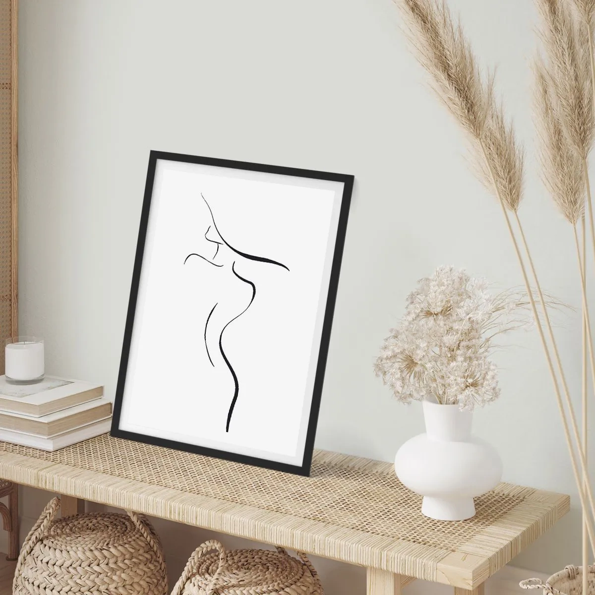 Poster în ramă neagră - O siluetă minimalistă a unei femei desenată cu o linie neagră. - 50x70cm - E insesizabilă ca un val - Decorațiune modernă pentru perete pentru living și dormitor ARTTOR