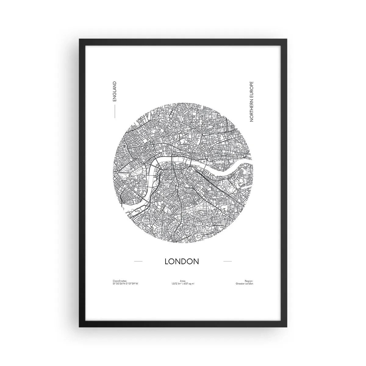Poster în ramă neagră - O hartă minimalistă alb-negru a Londrei - 50x70cm - Anatomia Londrei - Decorațiune modernă pentru perete pentru living și dormitor ARTTOR