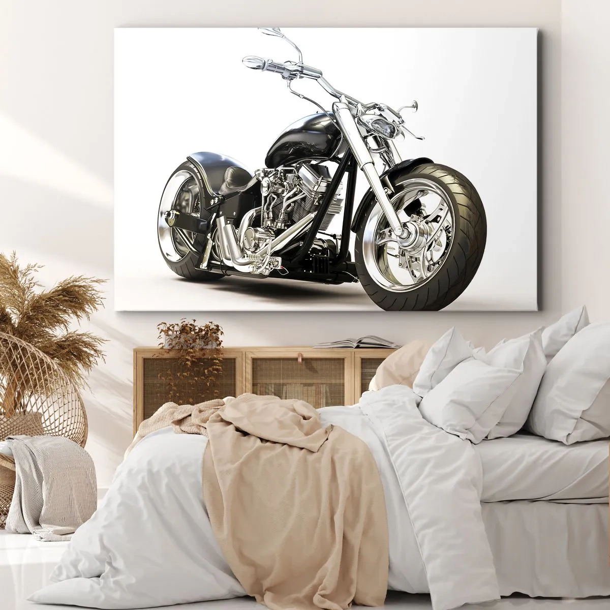 Tablou pe pânză Canvas - Motocicletă neagră elegantă pe fundal alb - 70x50cm - Putere cu caracter - Decorațiune modernă pentru perete pentru living și dormitor ARTTOR