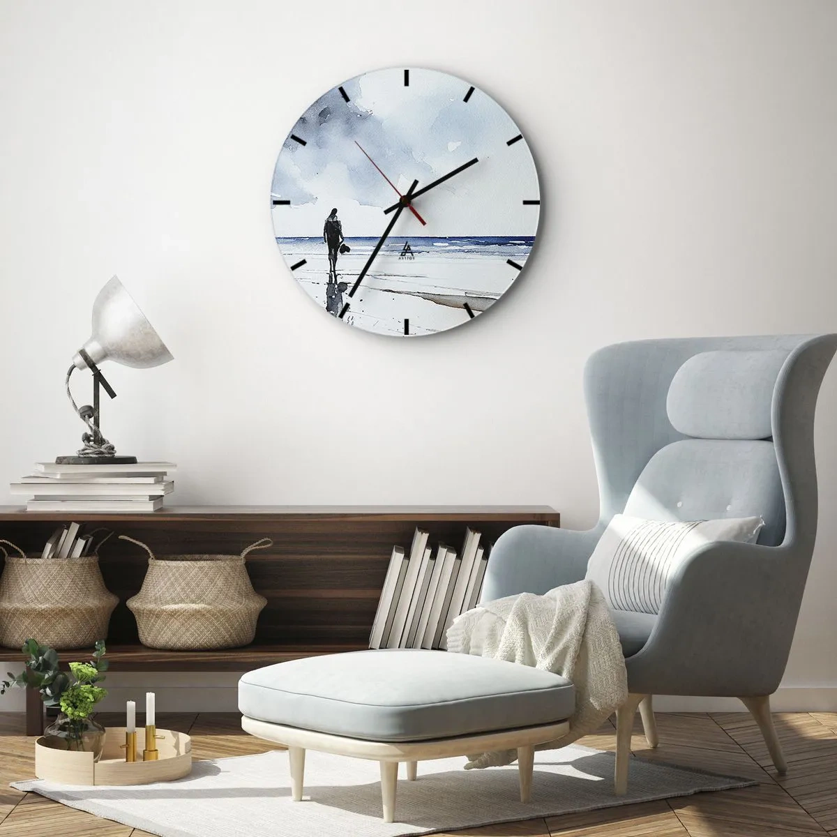 Ceas de perete - Ceas pe sticlă - O figură pe plajă privind spre mare - 30x30cm - Vorbind cu marea - Decorațiune modernă pentru perete pentru living, bucătărie și dormitor ARTTOR