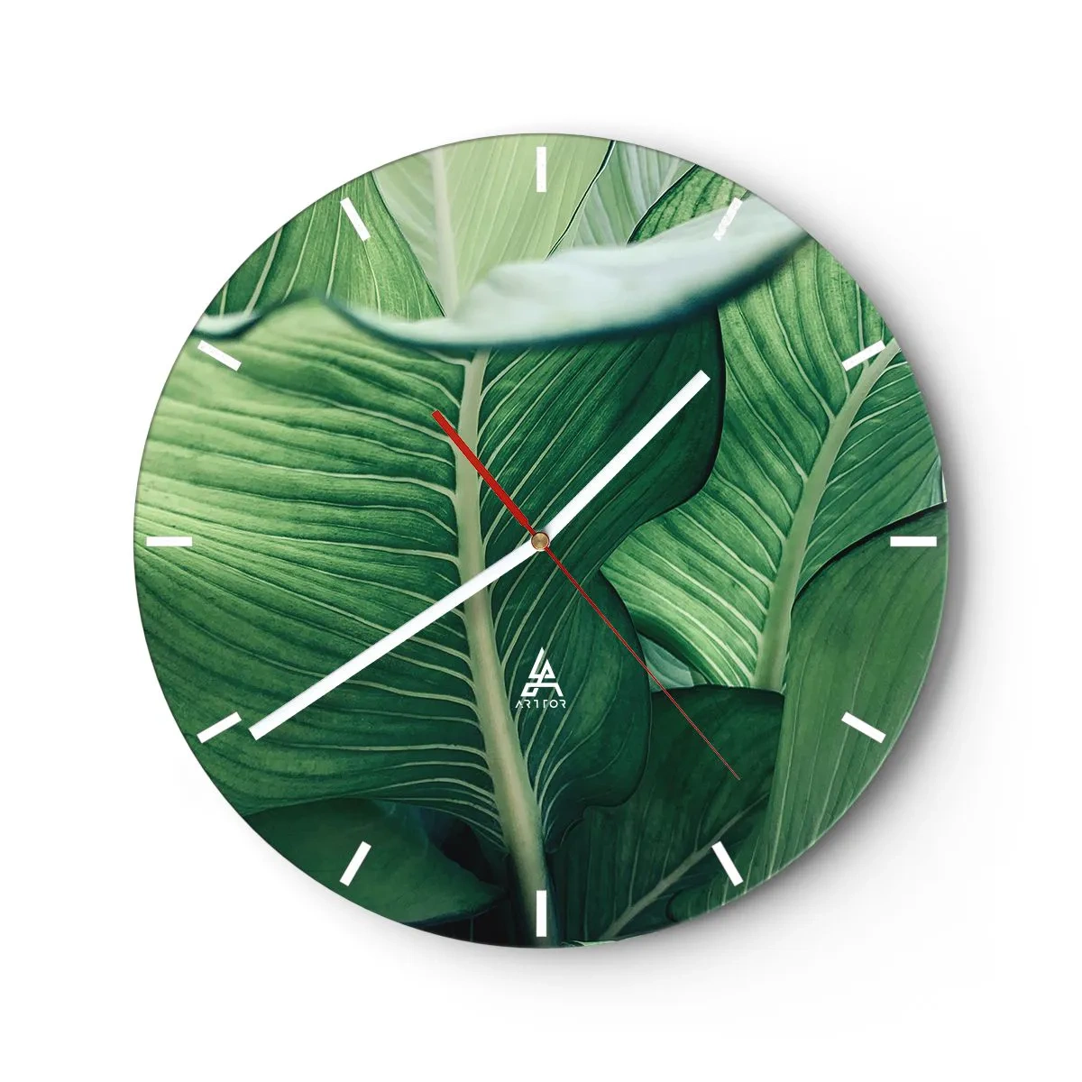 Ceas de perete - Ceas pe sticlă - Prim-plan al frunzelor tropicale intens verzi - 30x30cm - Viață intensă în verde - Decorațiune modernă pentru perete pentru living, bucătărie și dormitor ARTTOR