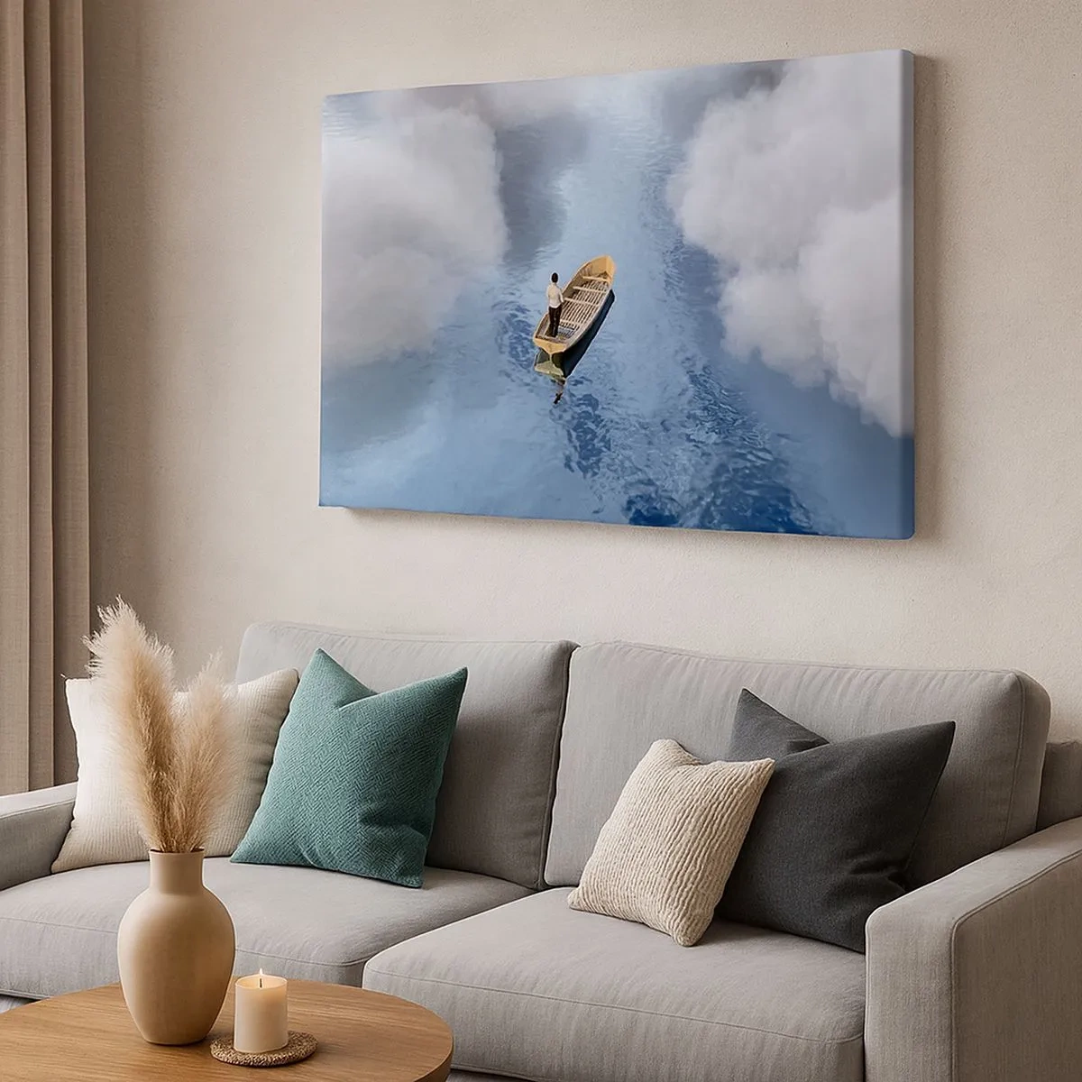 Tablou pe pânză Canvas - Un bărbat într-o barcă pe o mare calmă, înconjurat de nori - 70x50cm - Viață - călătorie - necunoscut - Decorațiune modernă pentru perete pentru living și dormitor ARTTOR
