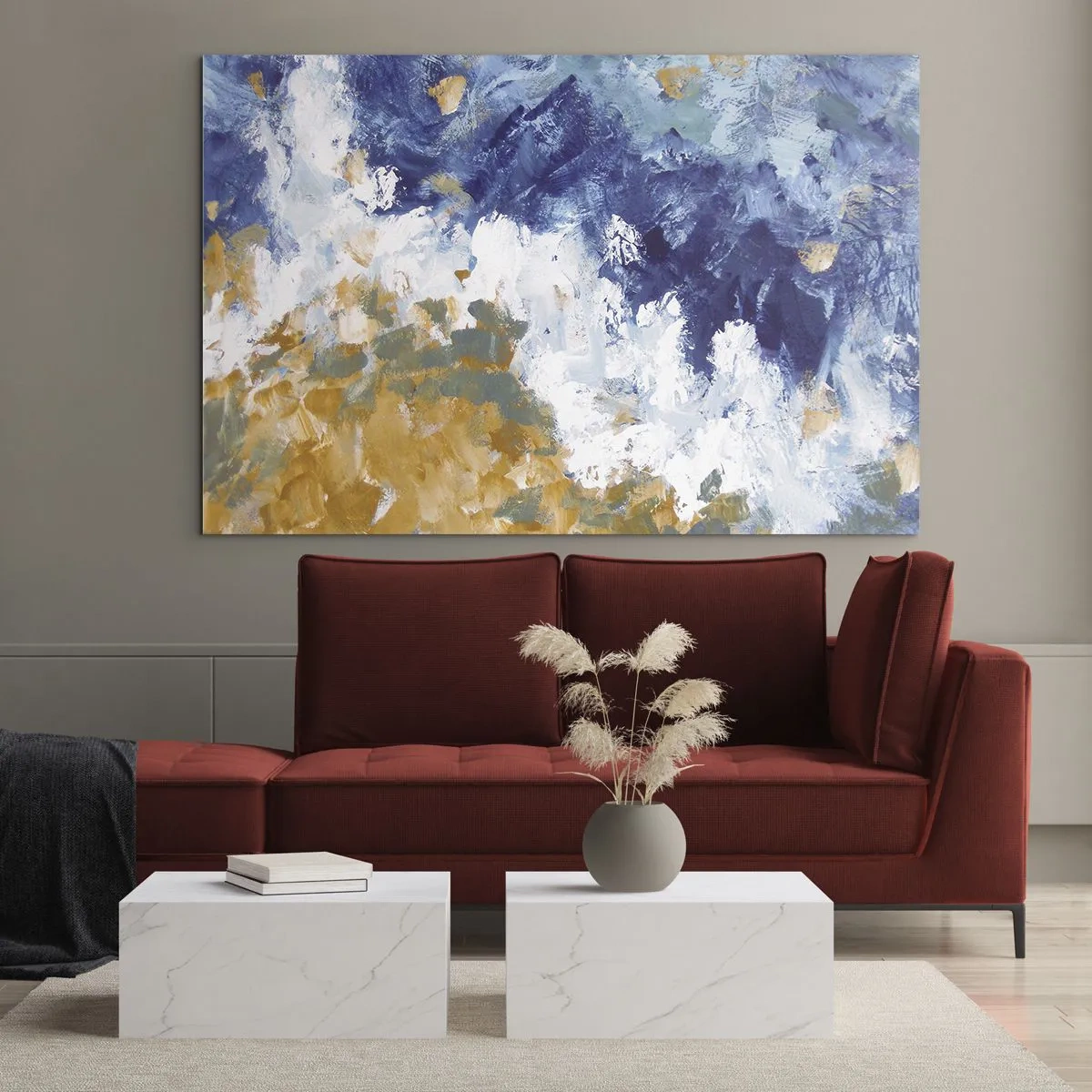 Tablou pe sticlă - Tușe abstracte de vopsea în albastru, alb și auriu - 70x50cm - Dansul elementelor - Decorațiune modernă pentru perete pentru living și dormitor ARTTOR