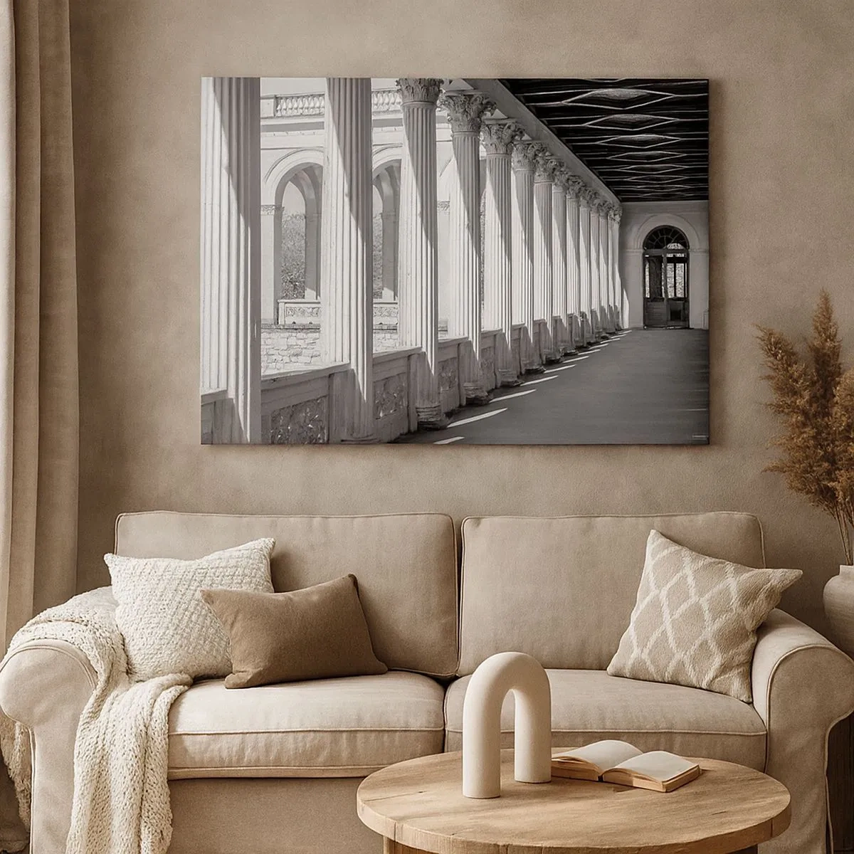 Tablou pe pânză Canvas - Colonată în stil clasic în alb și negru - 70x50cm - Arcadă însorită - Decorațiune modernă pentru perete pentru living și dormitor ARTTOR