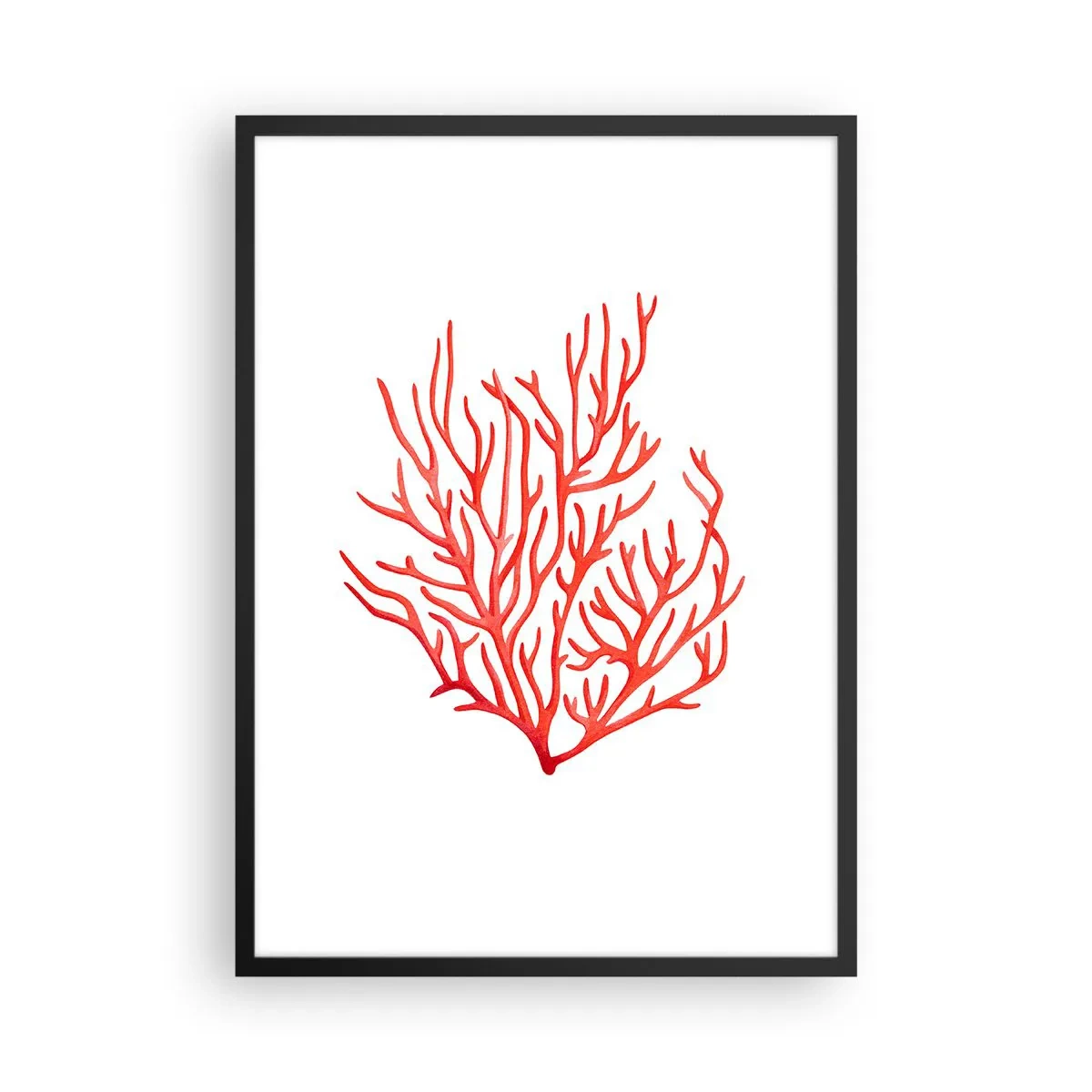 Poster în ramă neagră - Coral roșu pe fundal alb, în stil minimalist - 50x70cm - Coral filigranat - Decorațiune modernă pentru perete pentru living și dormitor ARTTOR