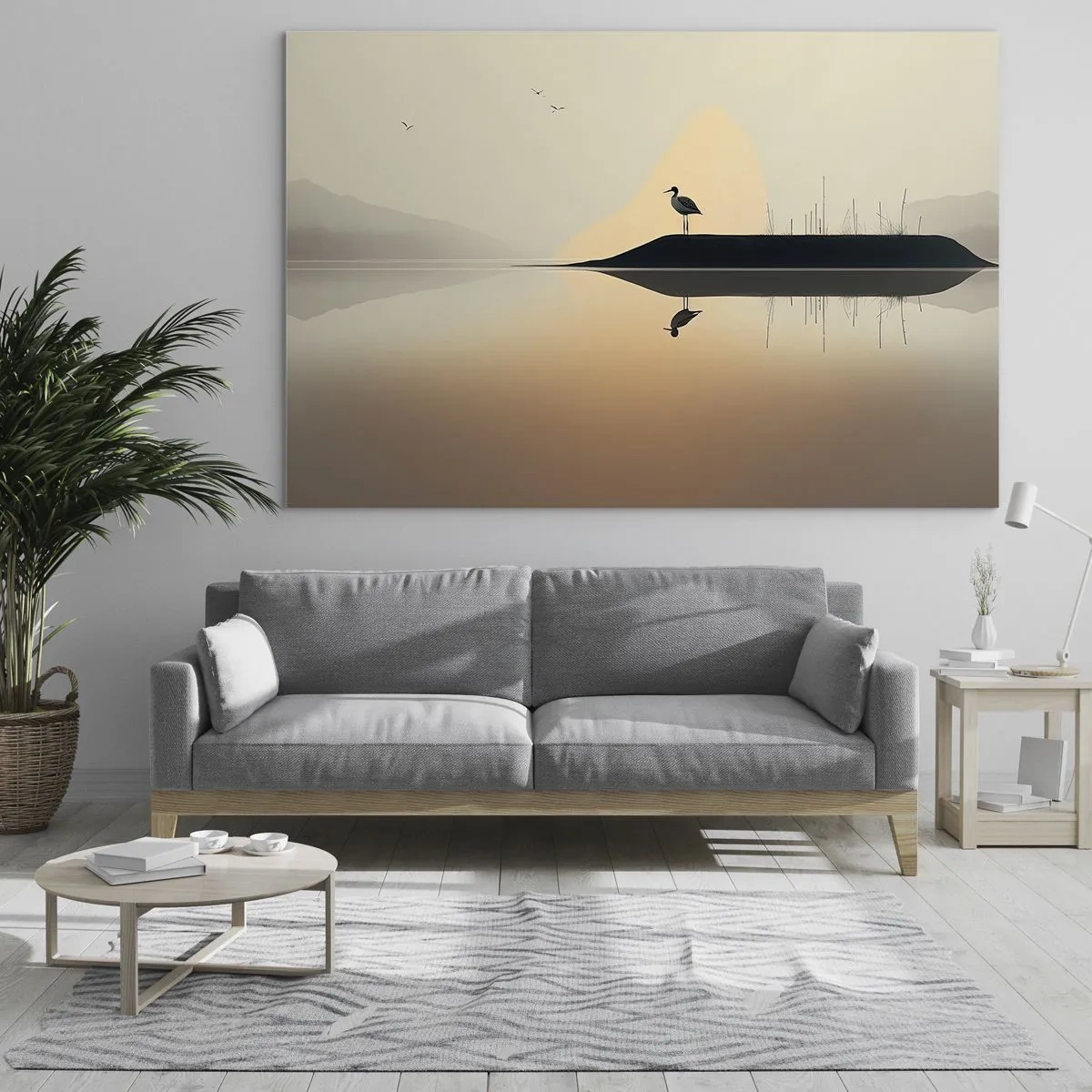 Tablou pe sticlă - Un stârc stând pe o insulă în apele calme ale unui lac - 70x50cm - Domn pe lac - Decorațiune modernă pentru perete pentru living și dormitor ARTTOR