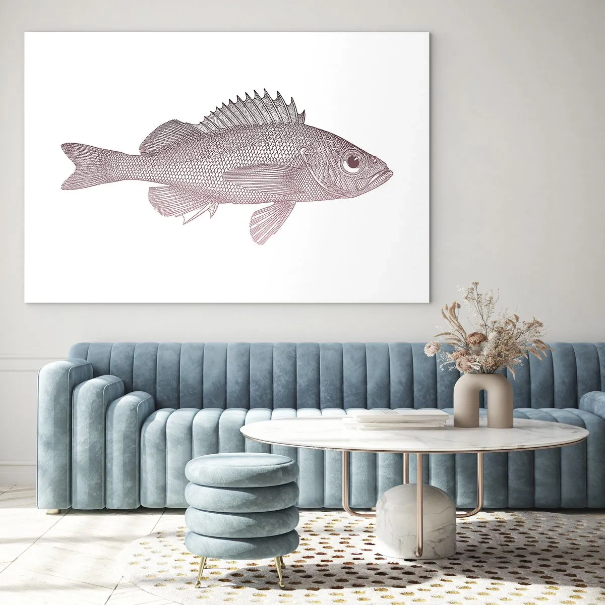 Tablou pe sticlă - Grafică a unui pește cu un ochi mare în stil retro pe fundal alb - 70x50cm - Pește cu ochi mari - Decorațiune modernă pentru perete pentru living și dormitor ARTTOR