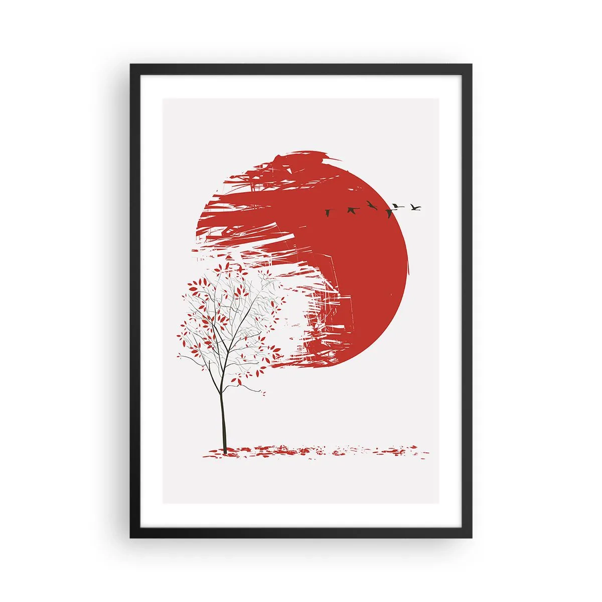 Poster în ramă neagră - Cerc roșu cu copac și păsări în stil minimalist - 50x70cm - Cunoști această țară? - Decorațiune modernă pentru perete pentru living și dormitor ARTTOR