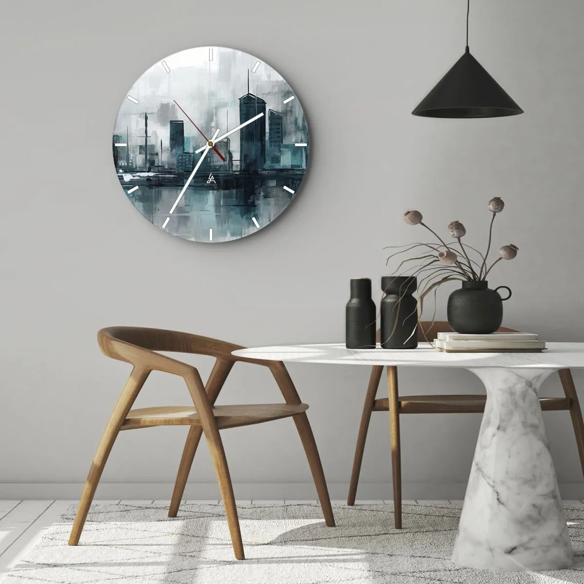 Ceas de perete - Ceas pe sticlă - O panoramă a orașului într-un stil pictural cu tonuri reci - 30x30cm - Un oraș de culoarea ploii - Decorațiune modernă pentru perete pentru living, bucătărie și dormitor ARTTOR