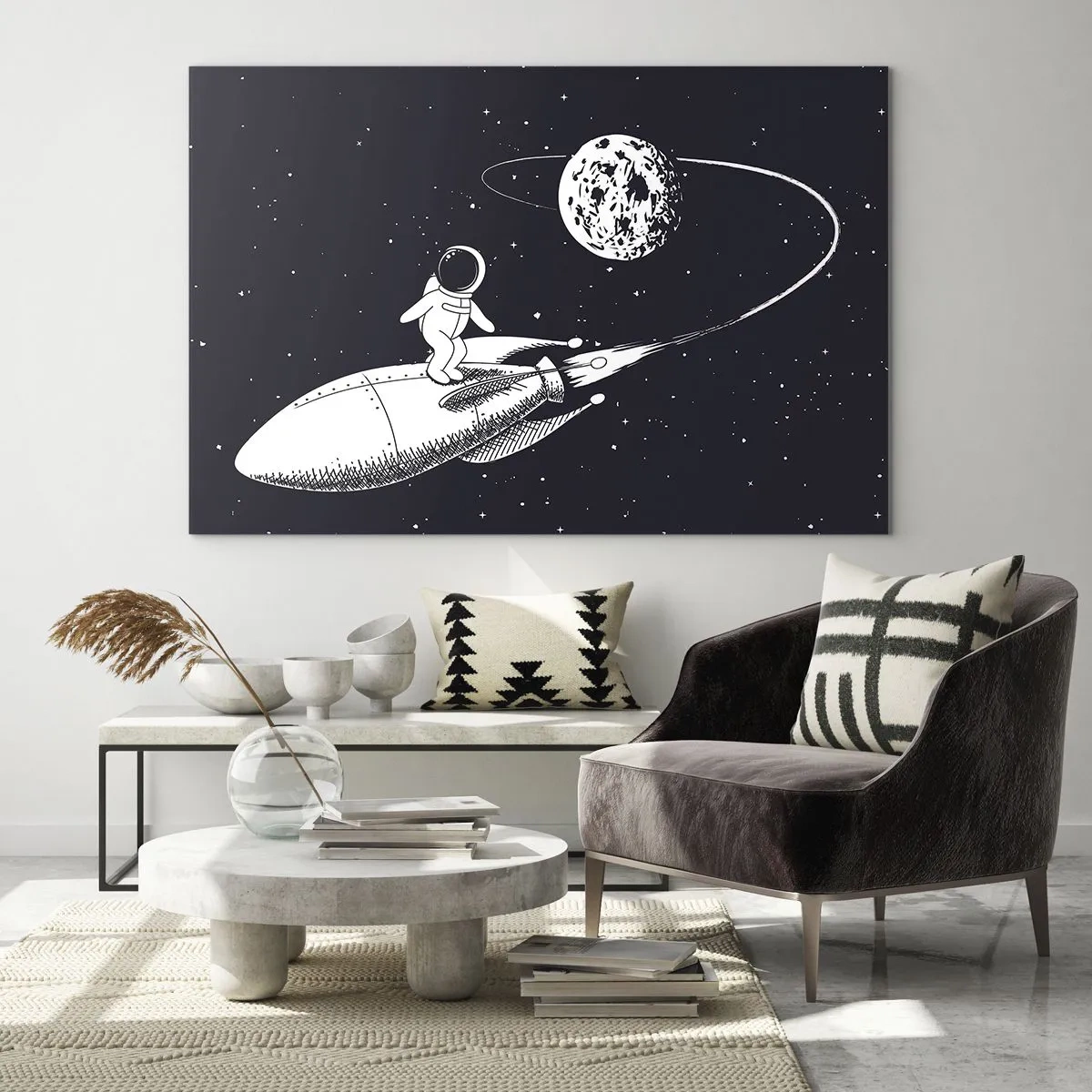Tablou pe sticlă - Astronautul de desene animate navighează în spațiu pe o rachetă - 70x50cm - Surfer spațial - Decorațiune modernă pentru perete pentru living și dormitor ARTTOR