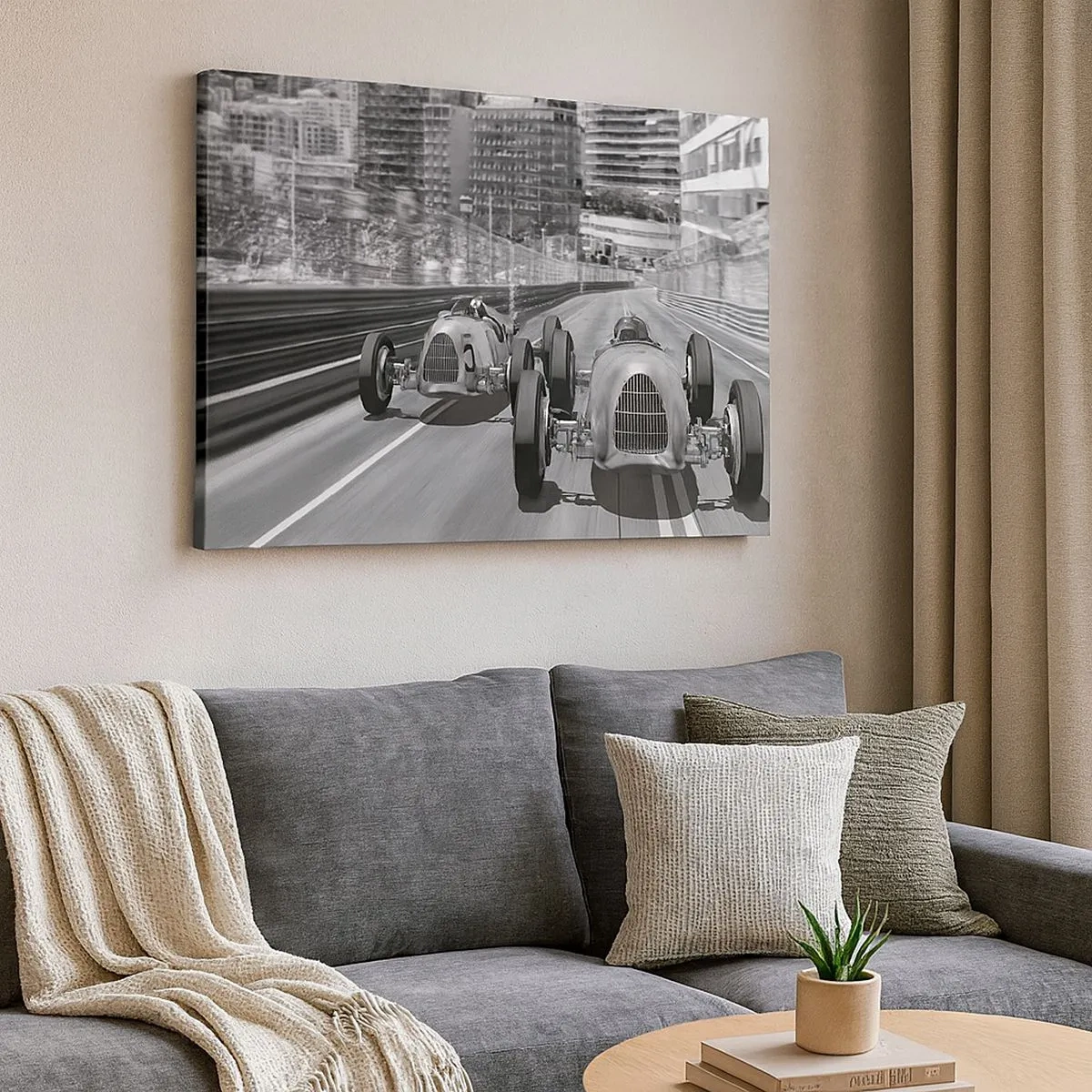 Tablou pe pânză Canvas - Scenă de cursă auto retro monocromă - 70x50cm - A fost odată ca niciodată în Monte Carlo - Decorațiune modernă pentru perete pentru living și dormitor ARTTOR