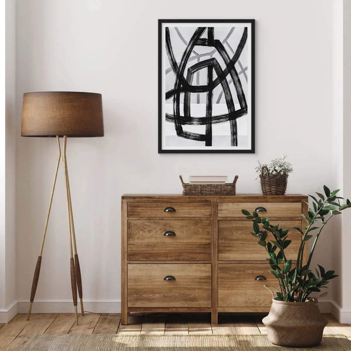 Poster în ramă neagră - Linii negre geometrice pe un fundal deschis într-o compoziție abstractă - 50x70cm - Construind adâncimea - Decorațiune modernă pentru perete pentru living și dormitor ARTTOR