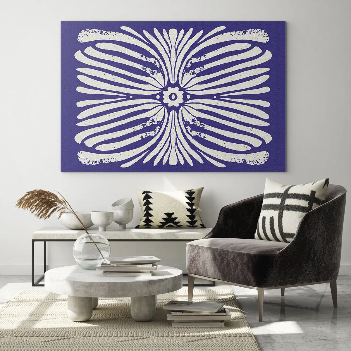 Tablou pe sticlă - Model etnic simetric pe fundal violet - 70x50cm - Inspirații etnice - Decorațiune modernă pentru perete pentru living și dormitor ARTTOR