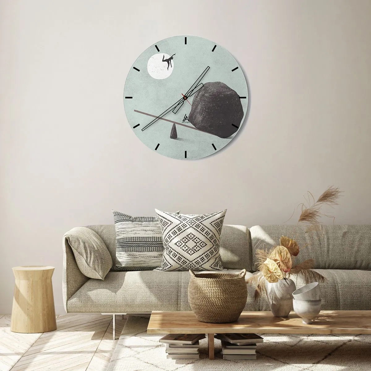 Ceas de perete - Ceas pe sticlă - Un personaj este catapultat de pe un balansoar de o stâncă spre lună. - 30x30cm - Visul îndeplinit - Decorațiune modernă pentru perete pentru living, bucătărie și dormitor ARTTOR