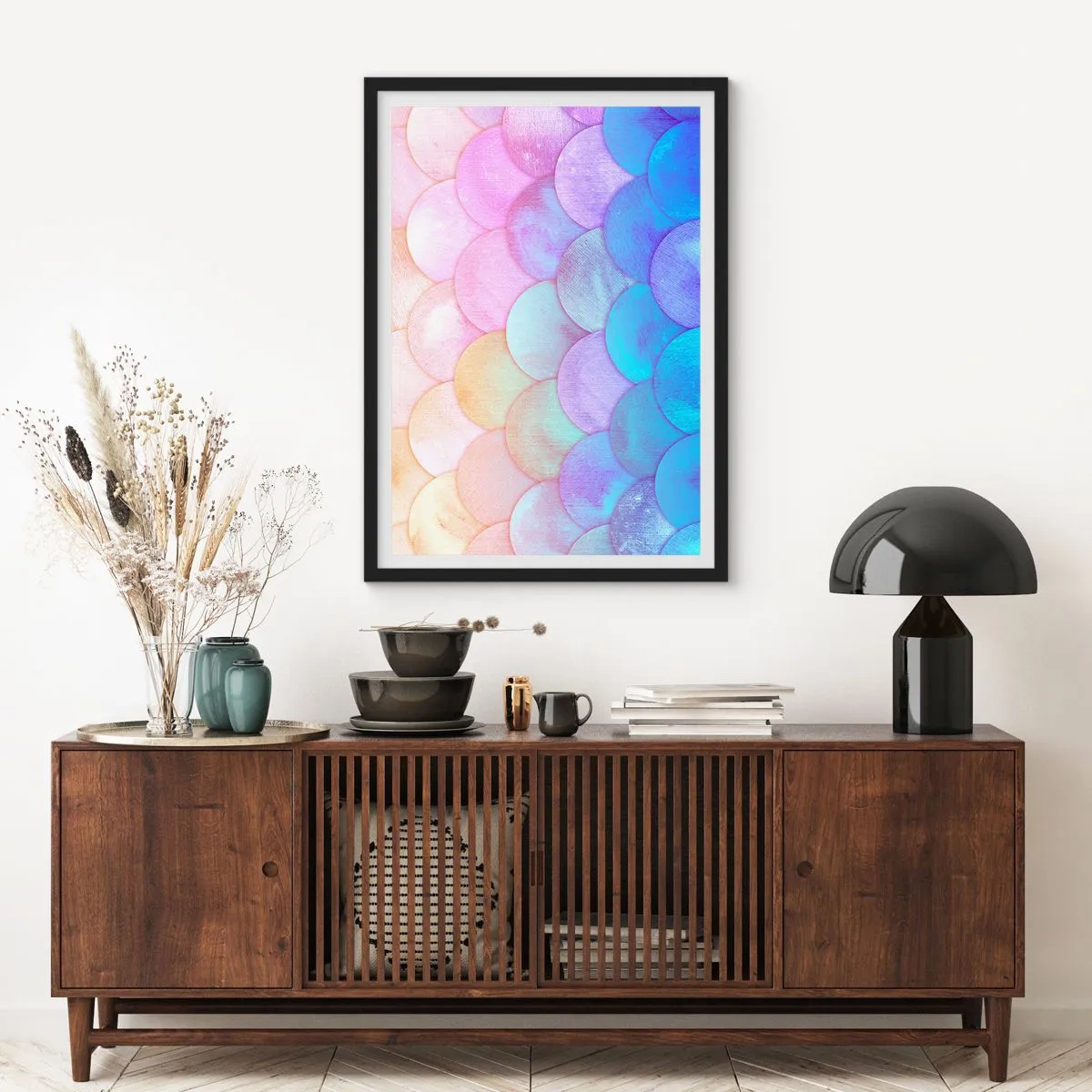 Poster în ramă neagră - O compoziție pastelată care seamănă cu solzi în nuanțe de curcubeu - 50x70cm - Coajă de perlă - Decorațiune modernă pentru perete pentru living și dormitor ARTTOR