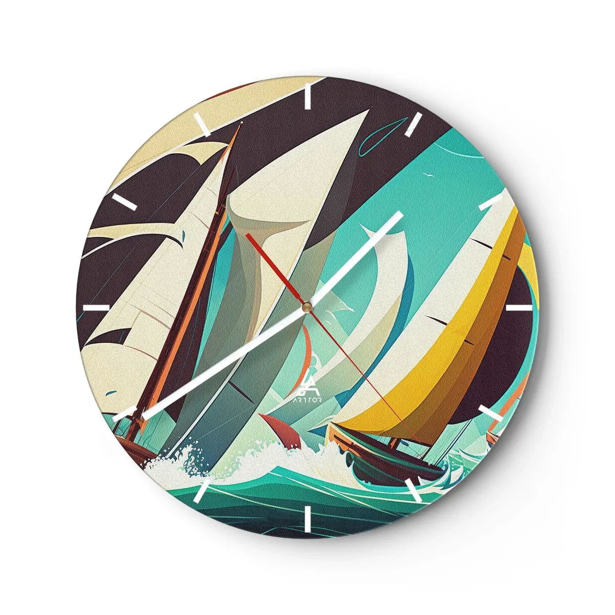 Ceas de perete - Ceas pe sticlă - Bărci cu pânze în stil grafic pe o mare turcoaz furtunoasă - 30x30cm - Voinici și învingători - Decorațiune modernă pentru perete pentru living, bucătărie și dormitor ARTTOR