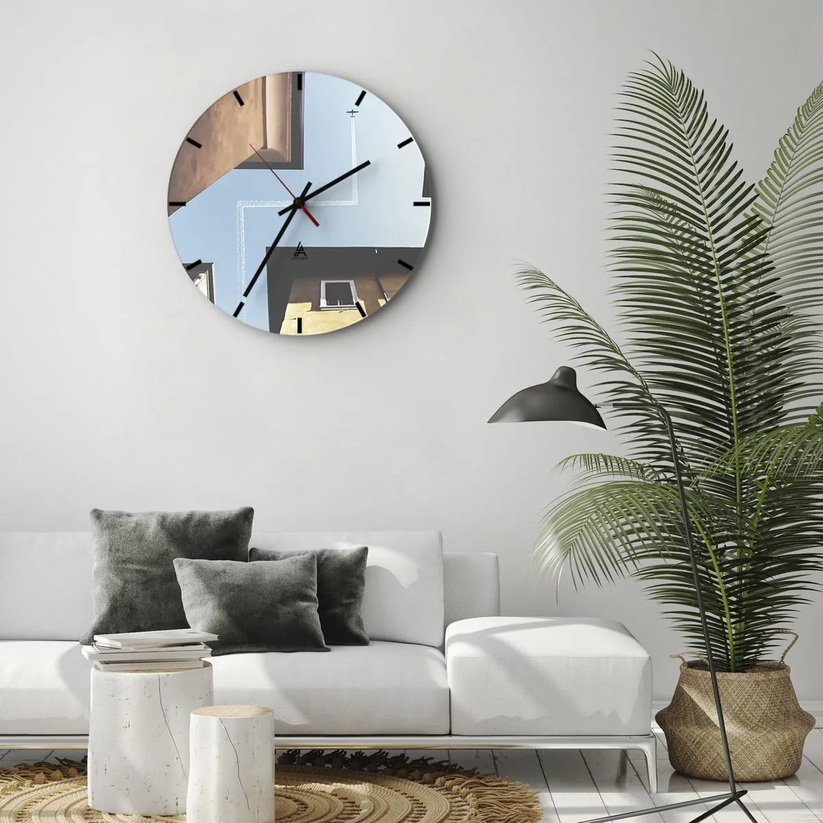 Ceas de perete - Ceas pe sticlă - Vedere din curte a unui cer albastru cu un avion - 30x30cm - Deasupra labirintului urban - Decorațiune modernă pentru perete pentru living, bucătărie și dormitor ARTTOR