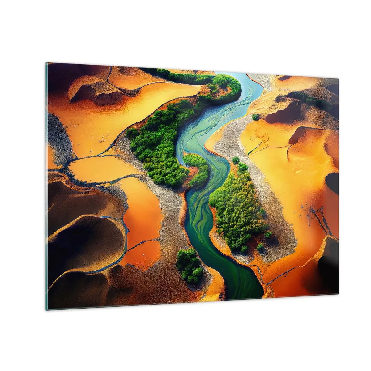Tablou pe sticlă - Oaze verzi și un râu printre dunele portocalii - 70x50cm - Râul care dă viață - Decorațiune modernă pentru perete pentru living și dormitor ARTTOR