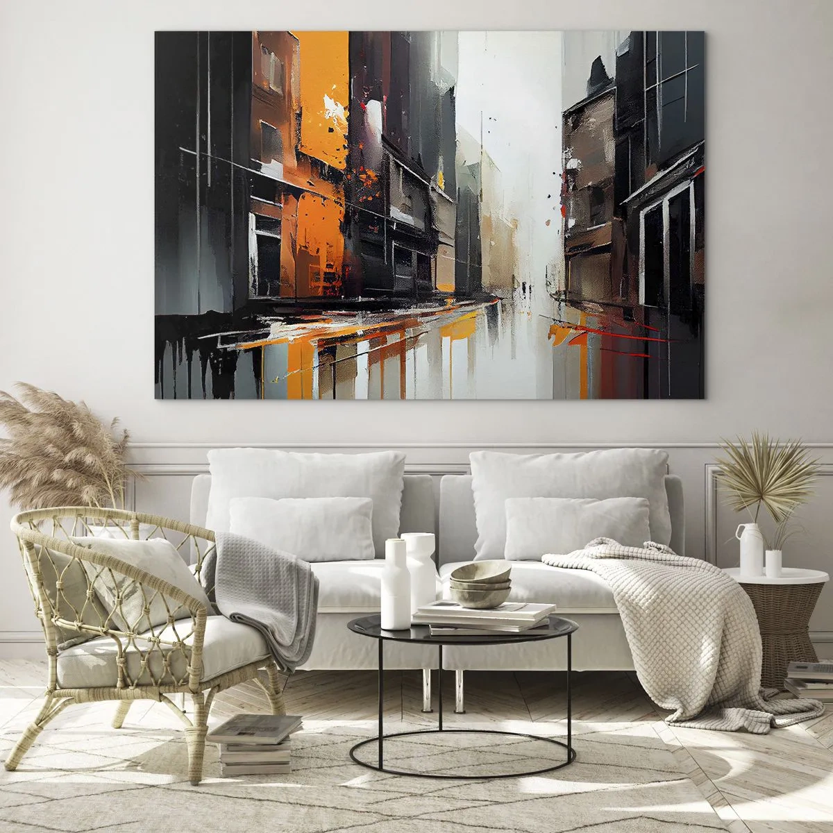 Tablou pe sticlă - O stradă în ploaie cu clădiri înalte în culori calde - 70x50cm - O zi ploioasă - Decorațiune modernă pentru perete pentru living și dormitor ARTTOR