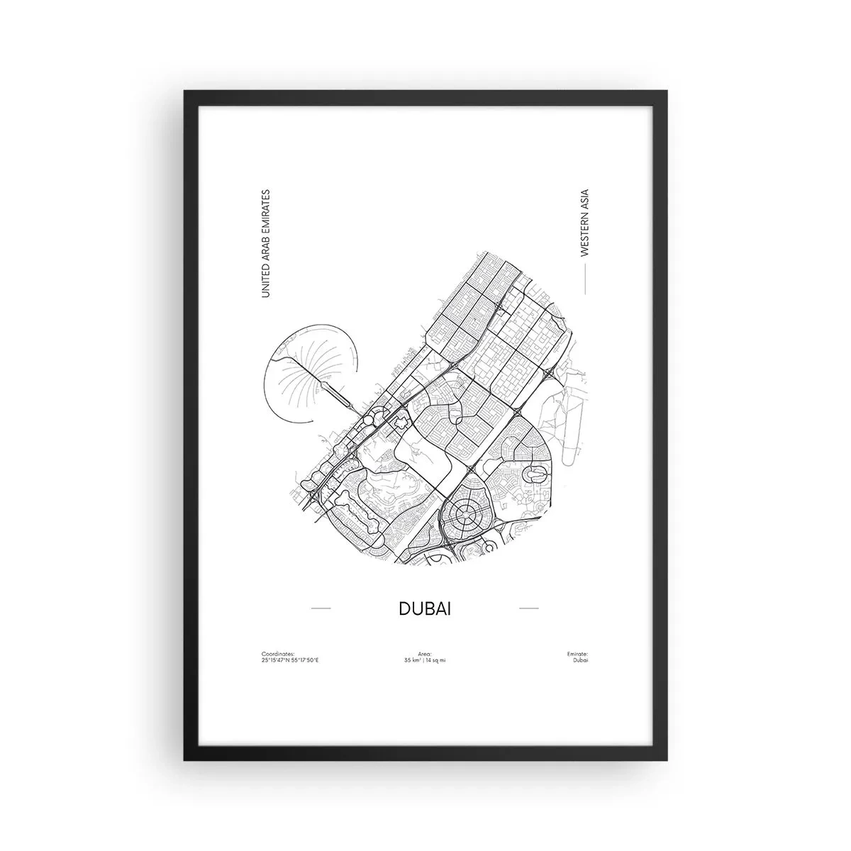 Poster în ramă neagră - Hartă minimalistă alb-negru a Dubaiului - 50x70cm - Anatomia Dubaiului - Decorațiune modernă pentru perete pentru living și dormitor ARTTOR