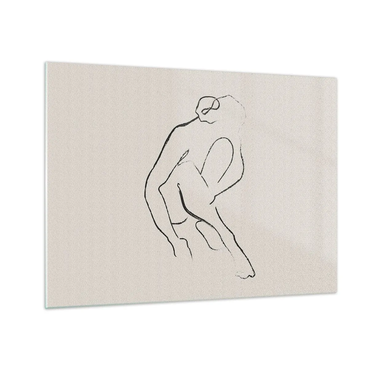 Tablou pe sticlă - O schiță minimalistă a unei siluete feminine în poziție așezată. - 70x50cm - Schiță intimă - Decorațiune modernă pentru perete pentru living și dormitor ARTTOR