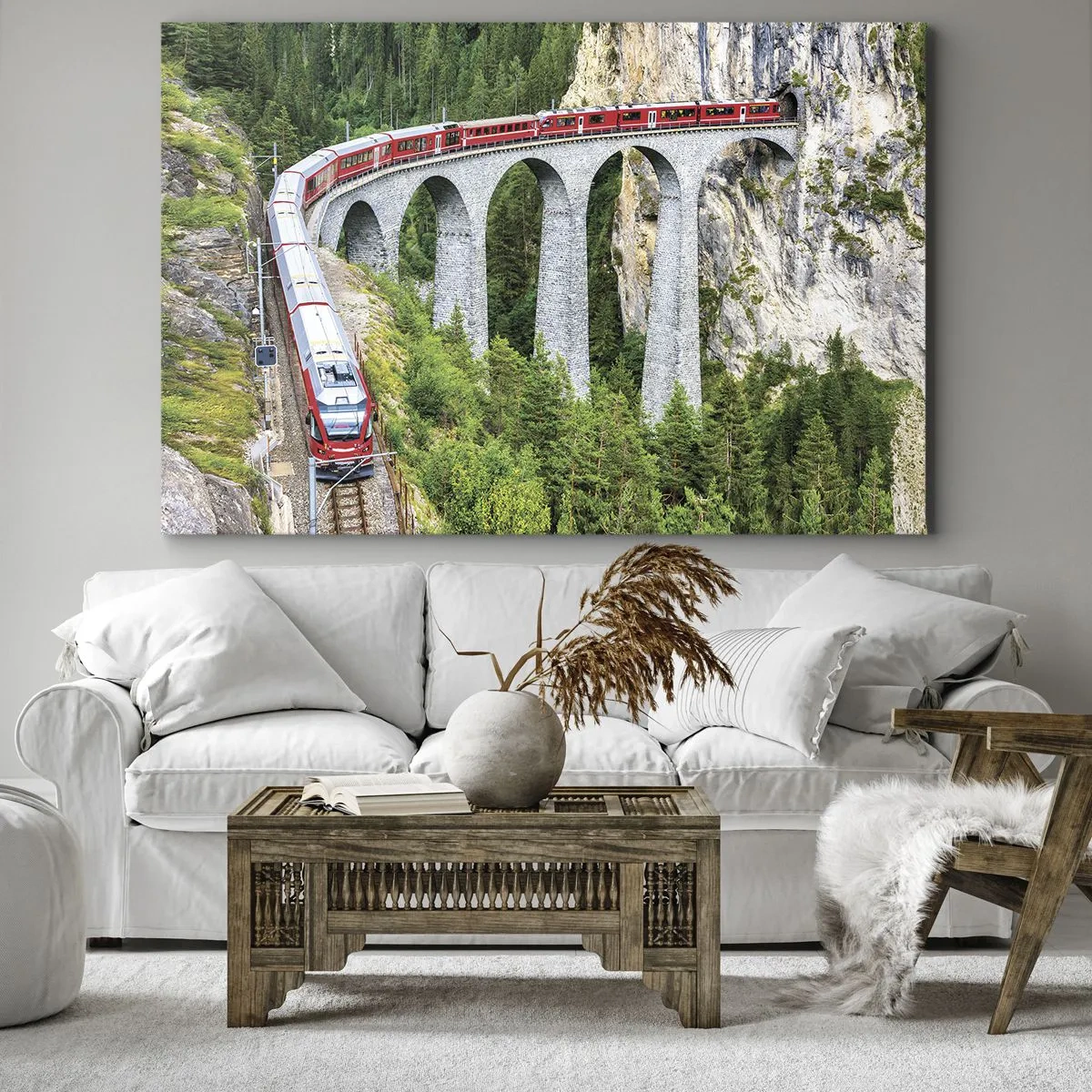 Tablou pe pânză Canvas - Un tren pe un viaduct pitoresc într-un peisaj muntos - 70x50cm - Cu trenul prin munți - Decorațiune modernă pentru perete pentru living și dormitor ARTTOR
