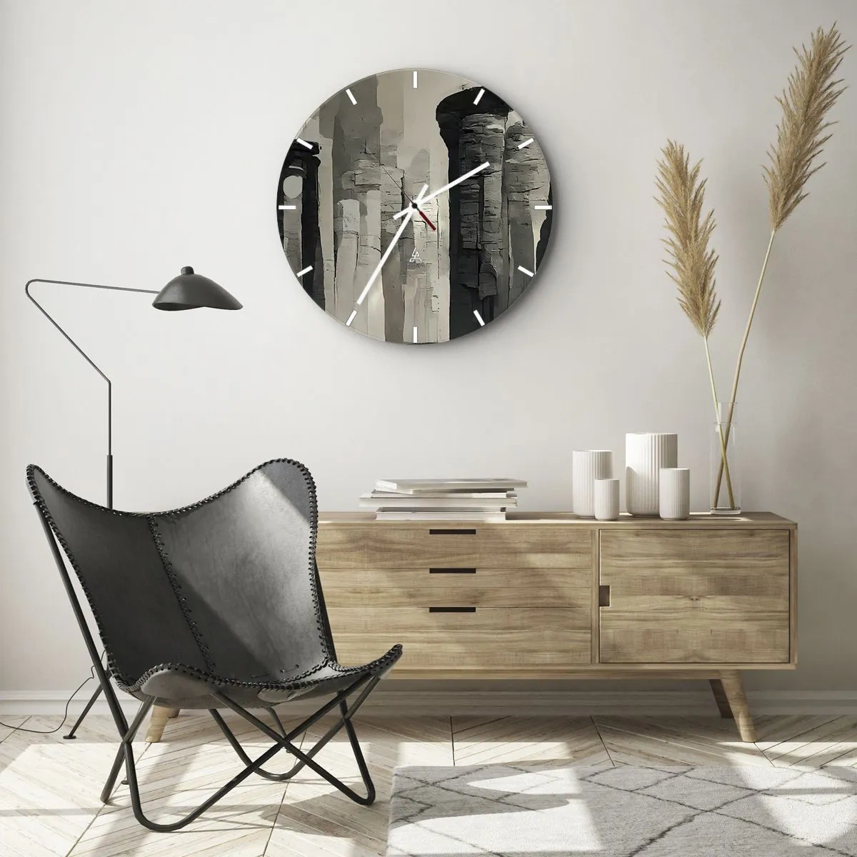 Ceas de perete - Ceas pe sticlă - Coloane monumentale în tonuri picturale de bej și gri - 30x30cm - Măreția antichității - Decorațiune modernă pentru perete pentru living, bucătărie și dormitor ARTTOR