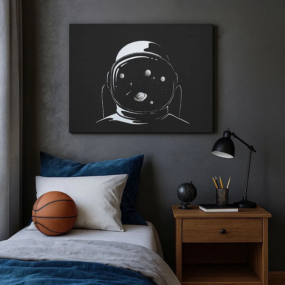 Tablou pe pânză Canvas - O cască minimalistă de astronaut cu vedere spre spațiu - 70x50cm - Mișto priveliște - Decorațiune modernă pentru perete pentru living și dormitor ARTTOR