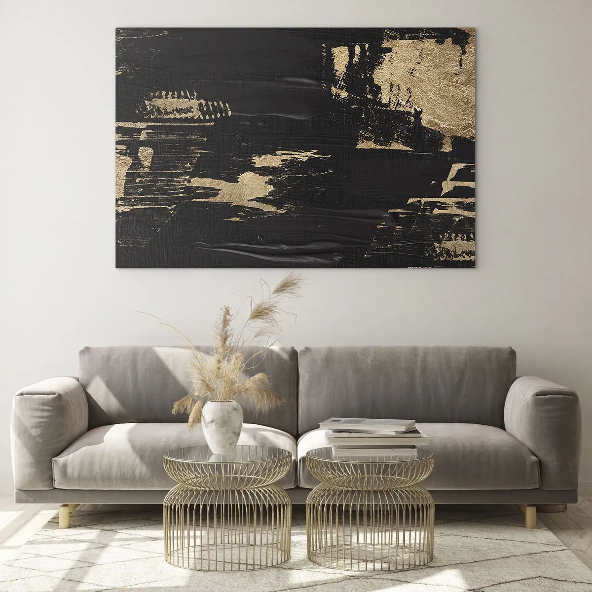 Tablou pe sticlă - Abstracție neagră și aurie cu o textură asemănătoare unei pensule - 70x50cm - O urmă de atingere - Decorațiune modernă pentru perete pentru living și dormitor ARTTOR