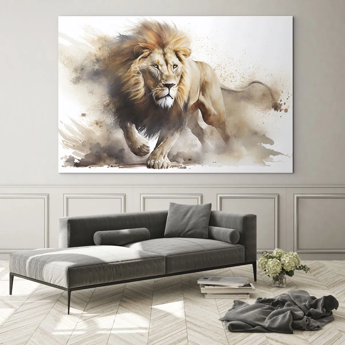 Tablou pe sticlă - O fotografie dinamică în stil acuarelă a unui leu alergând - 70x50cm - Regele se mișcă - Decorațiune modernă pentru perete pentru living și dormitor ARTTOR