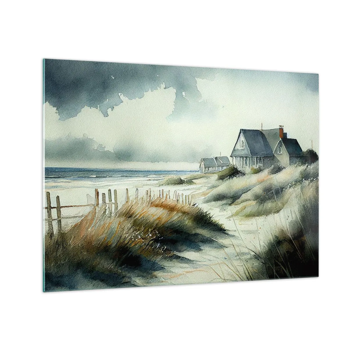 Tablou pe sticlă - Case pe malul mării, pe dune, sub un cer înnorat - 70x50cm - Departe de agitație - Decorațiune modernă pentru perete pentru living și dormitor ARTTOR