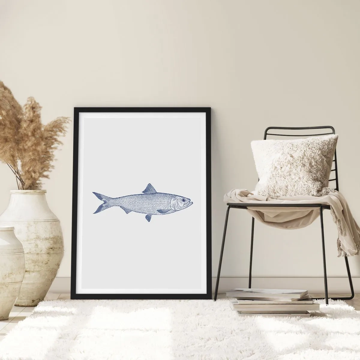 Poster în ramă neagră - Ilustrație minimalistă de pește vintage - 50x70cm - Salutări din mările nordice - Decorațiune modernă pentru perete pentru living și dormitor ARTTOR