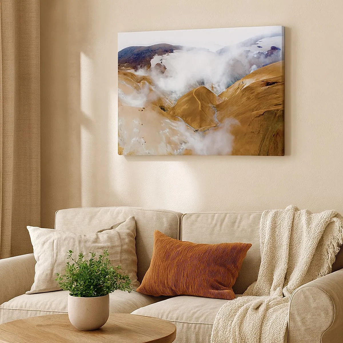 Tablou pe pânză Canvas - Un peisaj montan cu abur într-un climat aspru - 70x50cm - Frumusețea sălbatică a Islandei - Decorațiune modernă pentru perete pentru living și dormitor ARTTOR