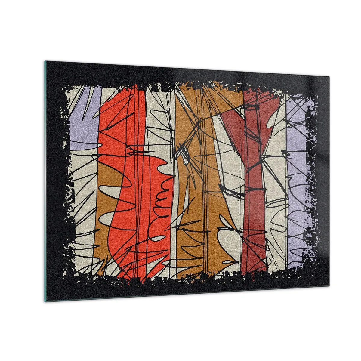 Tablou pe sticlă - Abstracție grafică cu dungi colorate și linii negre - 70x50cm - Compoziție spontană - Decorațiune modernă pentru perete pentru living și dormitor ARTTOR