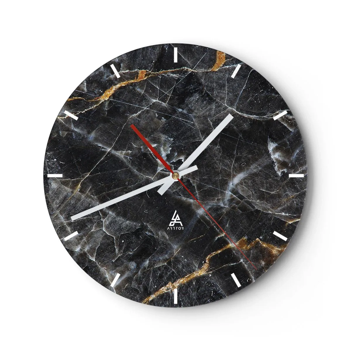 Ceas de perete - Ceas pe sticlă - Structură din marmură neagră cu vene luminoase și aurii - 30x30cm - Viața interioară a unei pietre - Decorațiune modernă pentru perete pentru living, bucătărie și dormitor ARTTOR