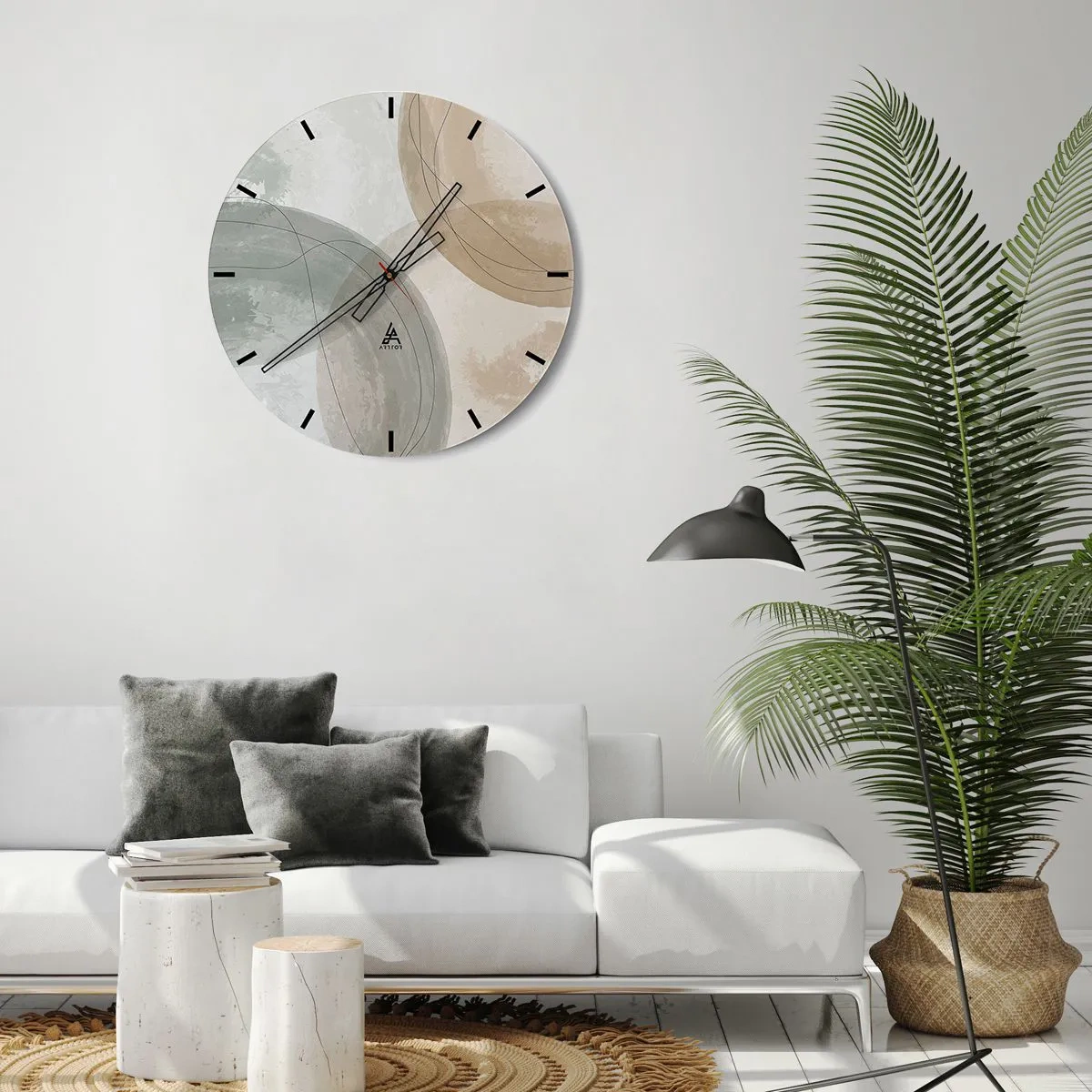 Ceas de perete - Ceas pe sticlă - Forme abstracte interpenetrante în nuanțe de bej - 30x30cm - Întrepătrunderea lumilor - Decorațiune modernă pentru perete pentru living, bucătărie și dormitor ARTTOR