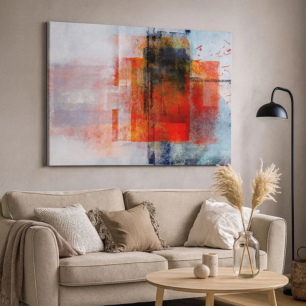 Tablou pe pânză Canvas - Compoziție geometrică abstractă cu accente roșii și portocalii - 70x50cm - Compoziție înfocată - Decorațiune modernă pentru perete pentru living și dormitor ARTTOR