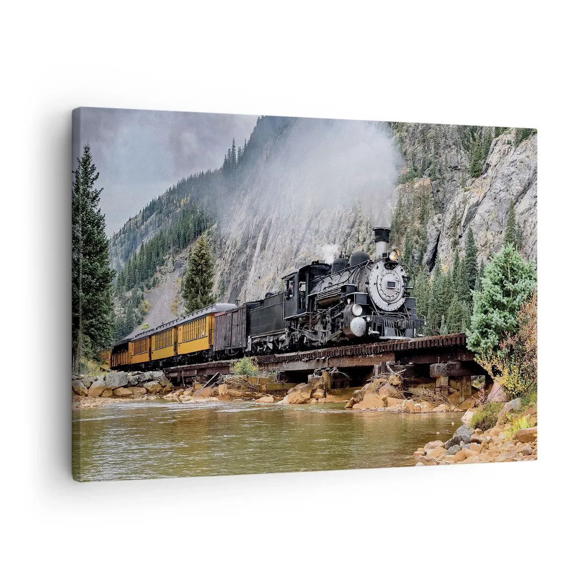 Tablou pe pânză Canvas - O locomotivă cu aburi pe un pod într-un peisaj montan pitoresc - 70x50cm - Și încotro? Unde? - Decorațiune modernă pentru perete pentru living și dormitor ARTTOR