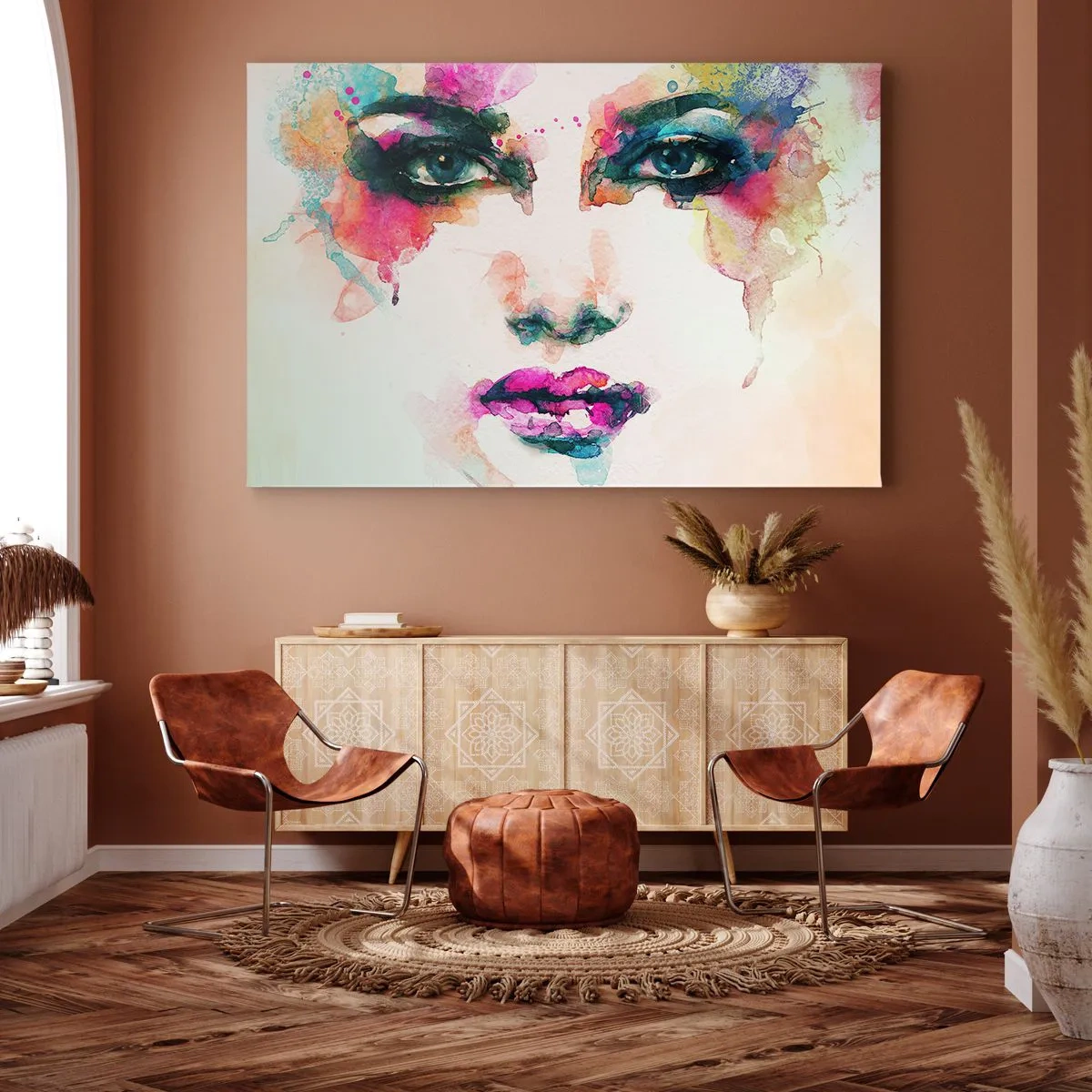 Tablou pe pânză Canvas - Portret abstract al unei femei în culori intense - 70x50cm - Portret pictat cu un curcubeu - Decorațiune modernă pentru perete pentru living și dormitor ARTTOR